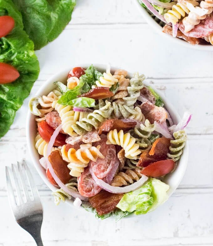 BLT Pasta Salad served on table with fork.