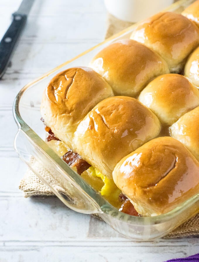 Breakfast sliders in a pan.