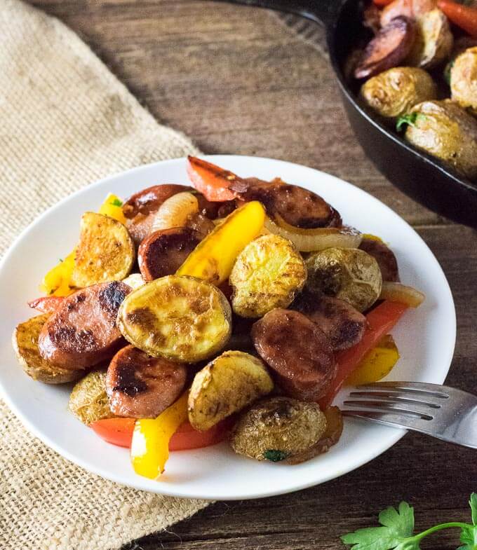 Sausage Potatoes Peppers and Onions on plate.