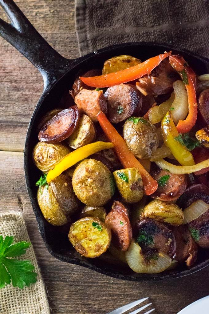 Sausage and Potatoes in skillet.