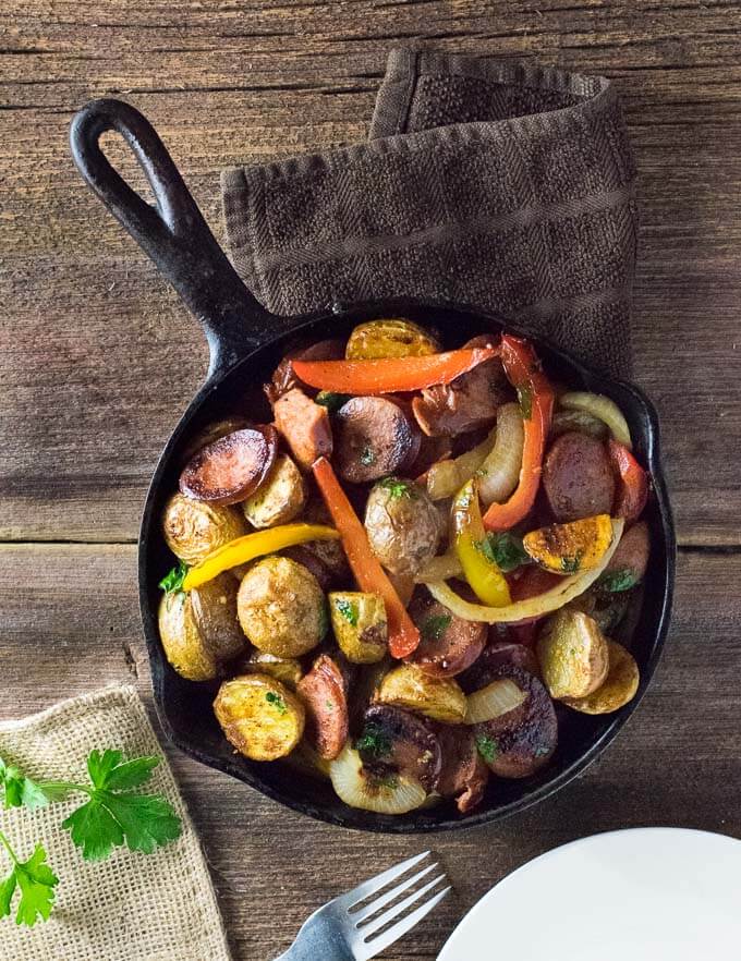Sausage and Potatoes in skillet.
