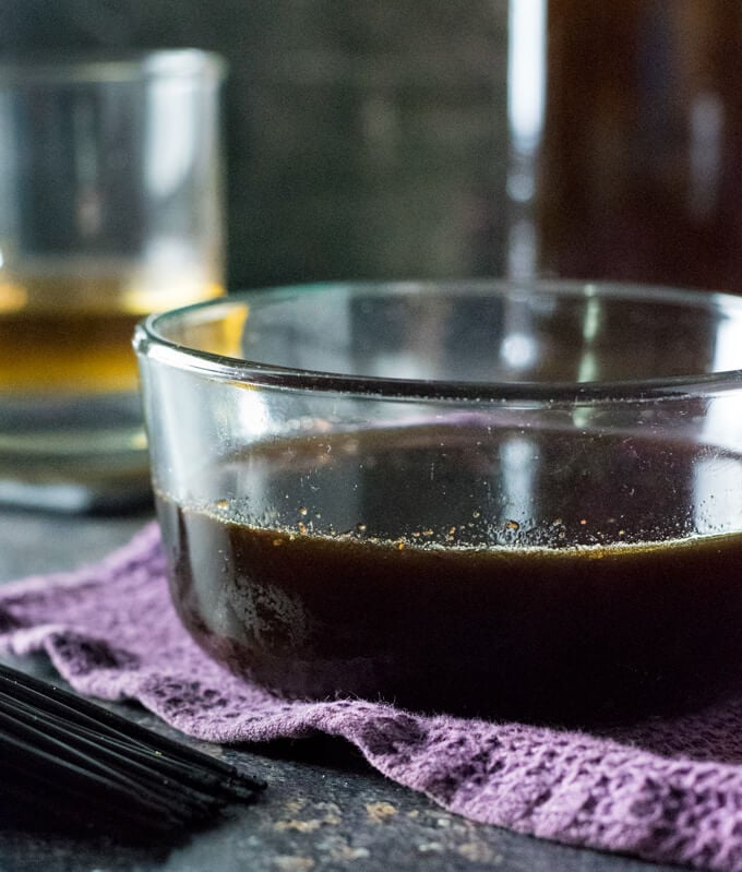 Whiskey glaze sauce shown close up.