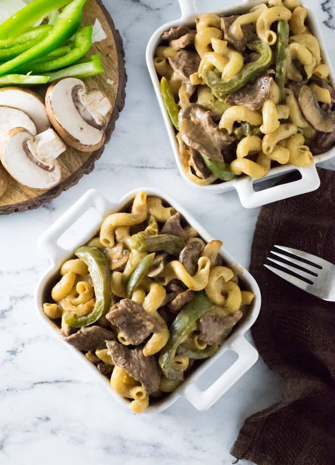 Philly Cheesesteak Pasta in dish.