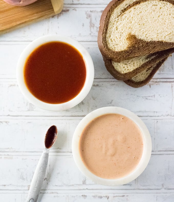 Russian Dressing variations shown next to rye bread.