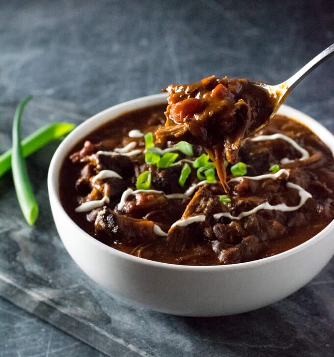 A spoonful of homemade smoked chili.