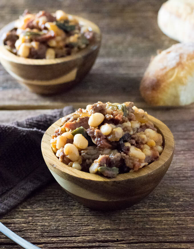 Two bowls of Cowboy Beans.