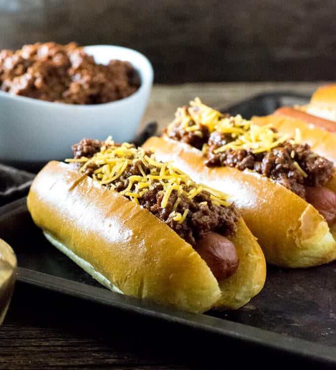 Homemade hot dog chili on chili dogs.