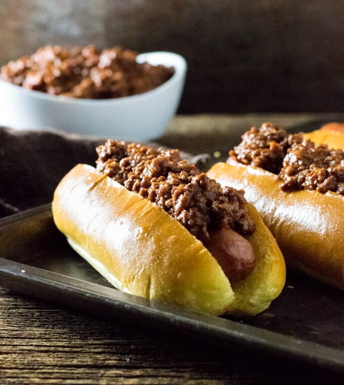 Loaded chili dog with hot dog sauce.