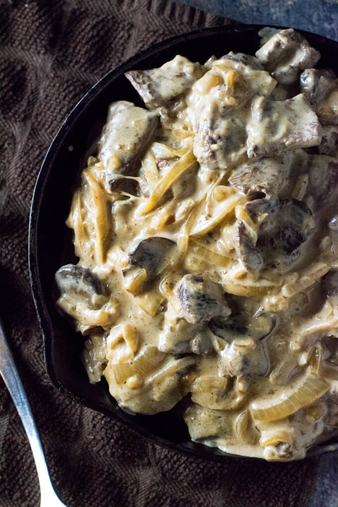 Venison stroganoff viewed from above.