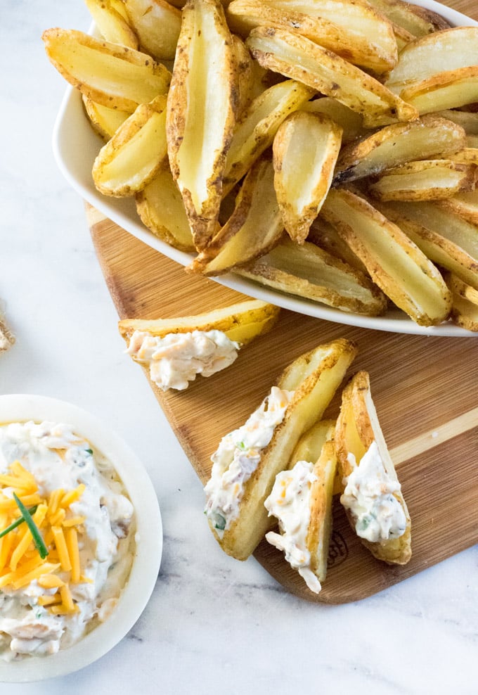 Loaded potato wedges with potato dip.