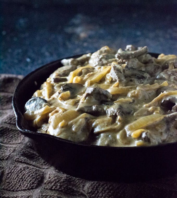 Venison stroganoff from scratch in cast iron skillet.