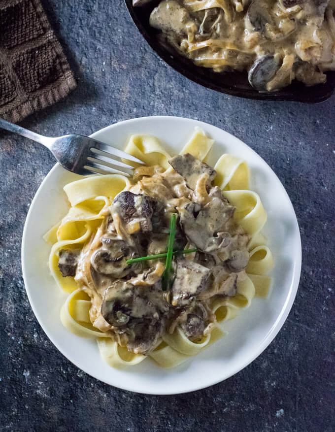 Venison Stroganoff served on white plate.