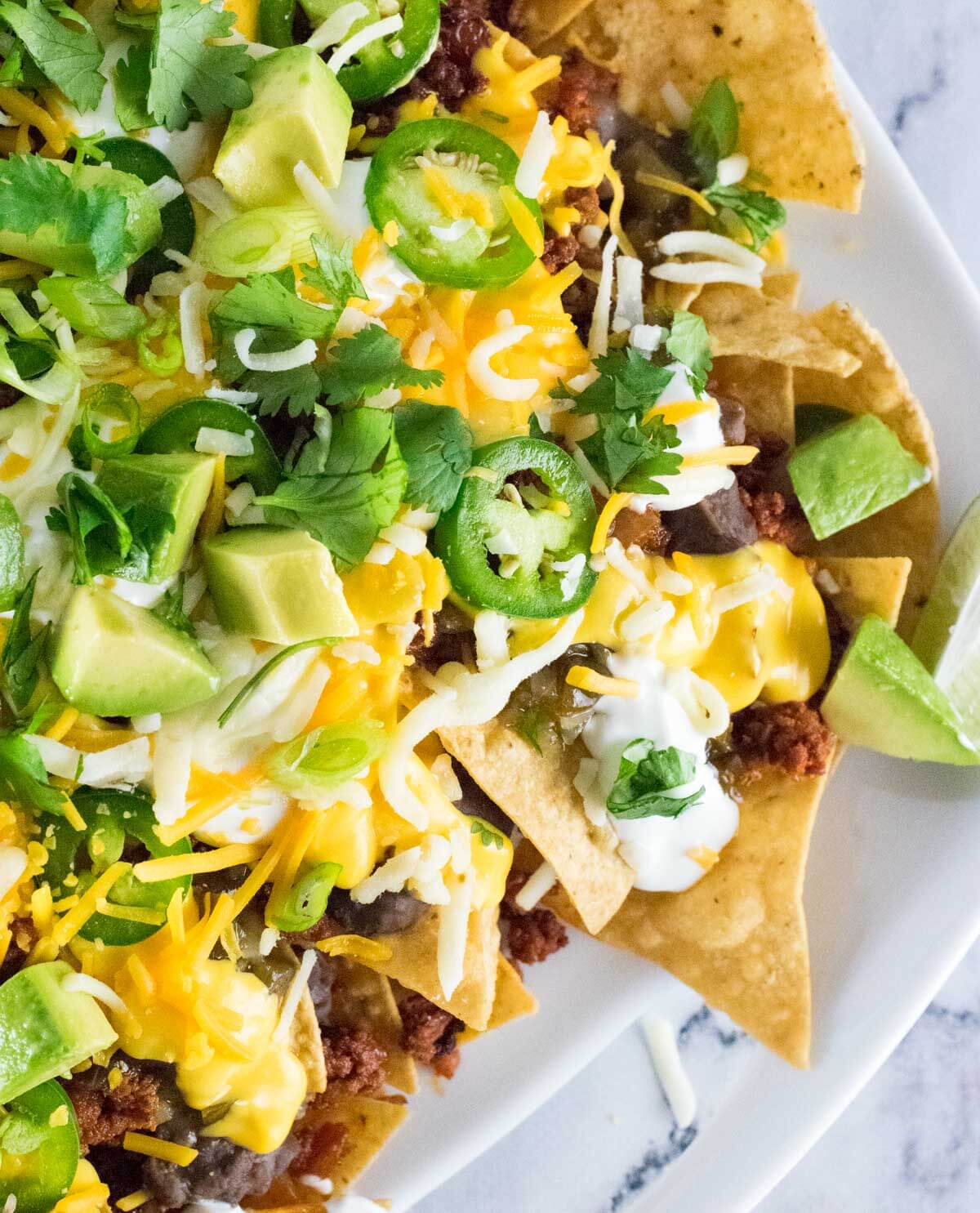 Loaded nachos platter viewed from above.