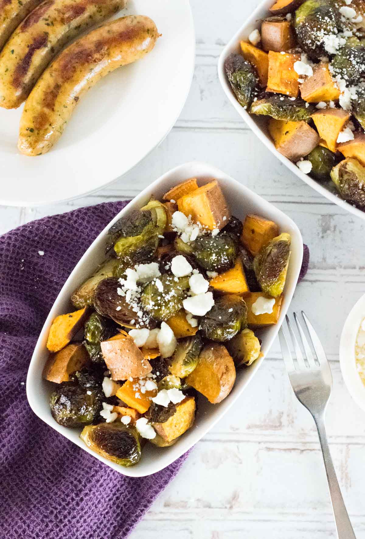 Sweet potatoes and Brussels sprouts.