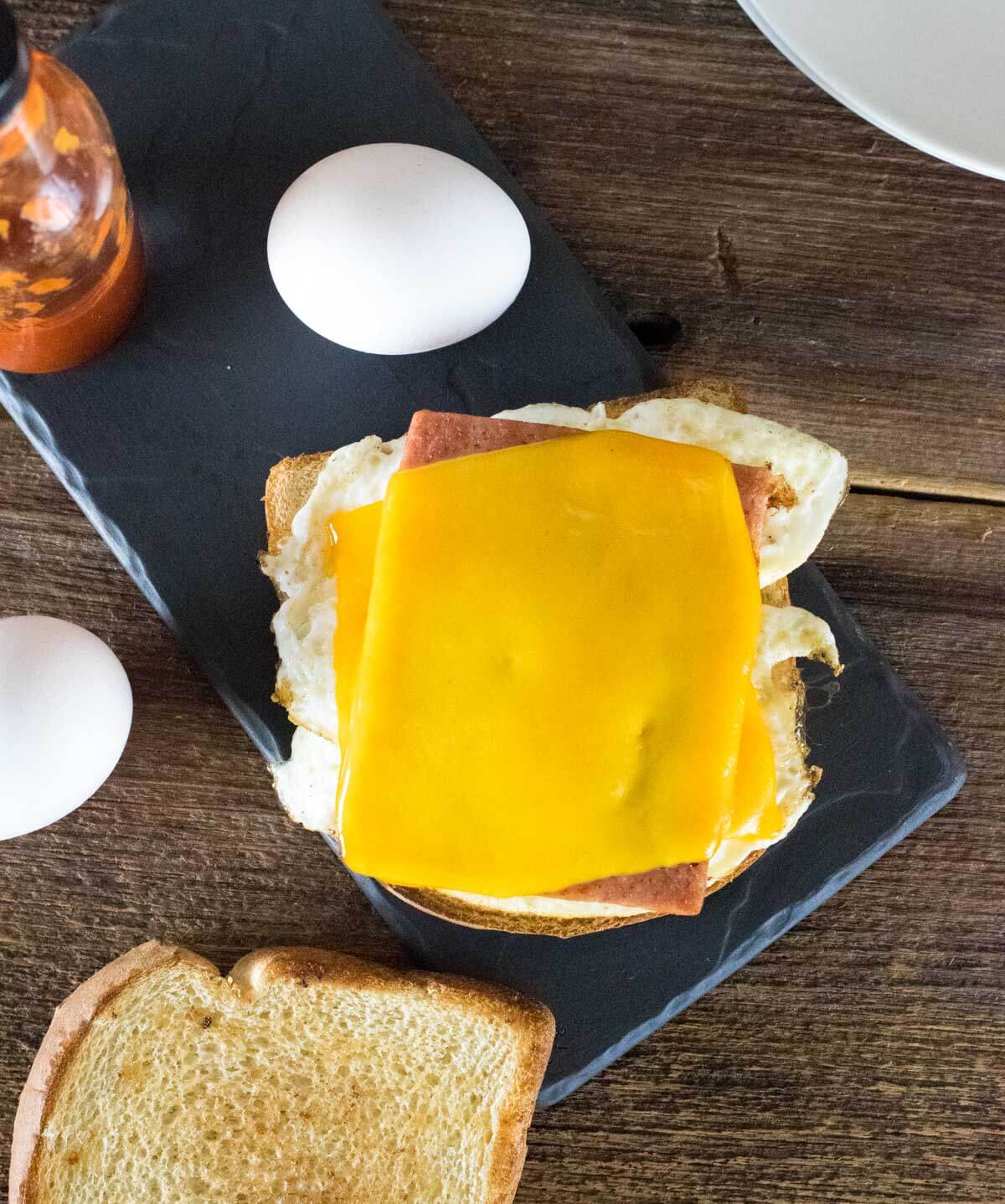 Fried Spam Sandwich sitting open-faced