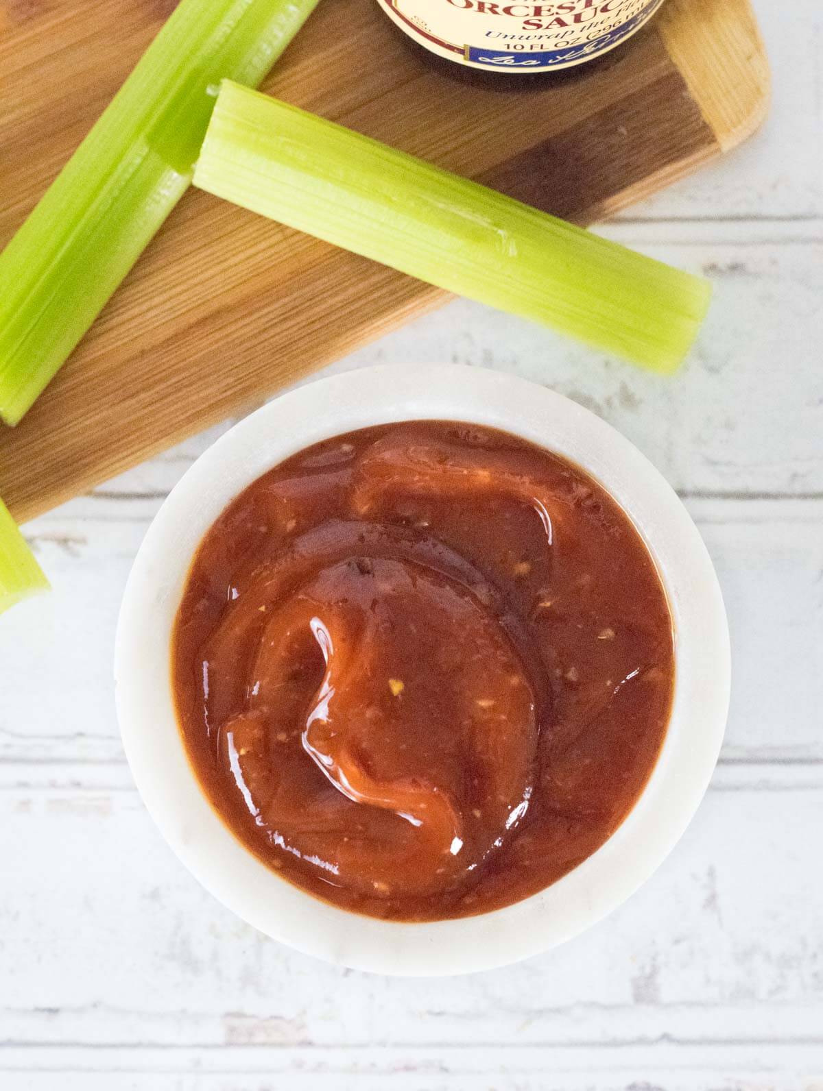 Bloody Mary ketchup viewed from above.