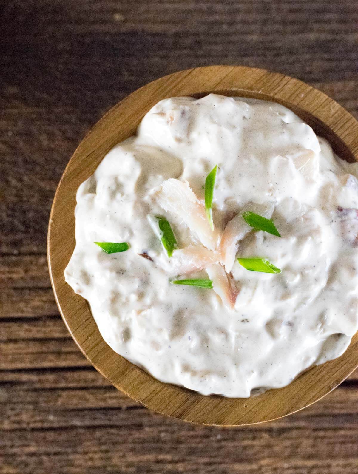 Smoked Trout Dip in wooden bowl.