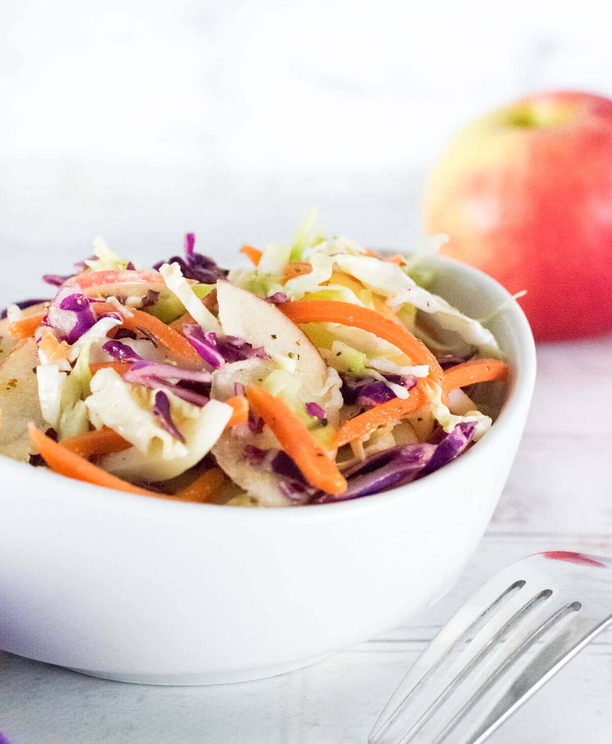 Vinegar Coleslaw close up with fork.