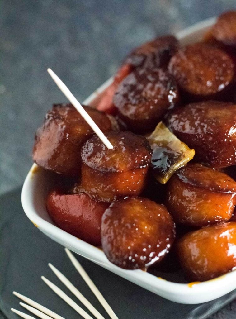 BBQ Smoked Sausage with toothpick sticking into it.