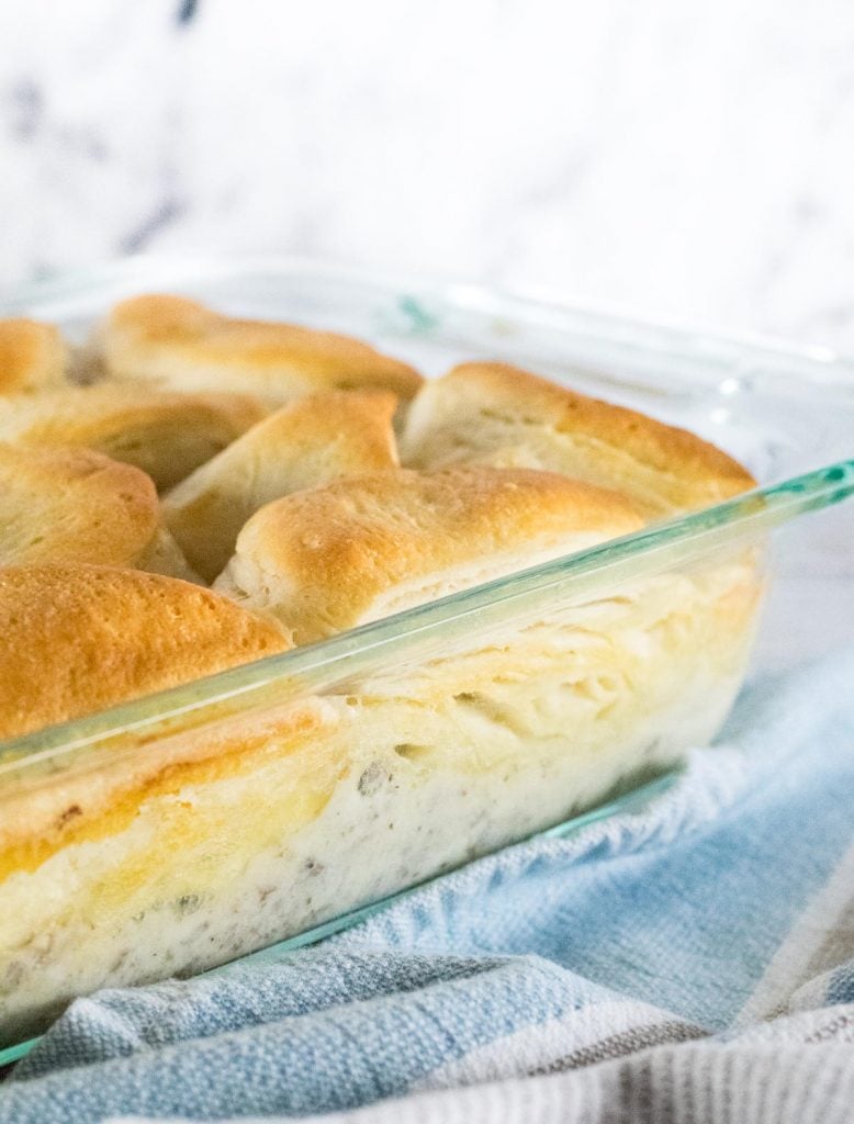 Biscuits and Gravy casserole shown close up.