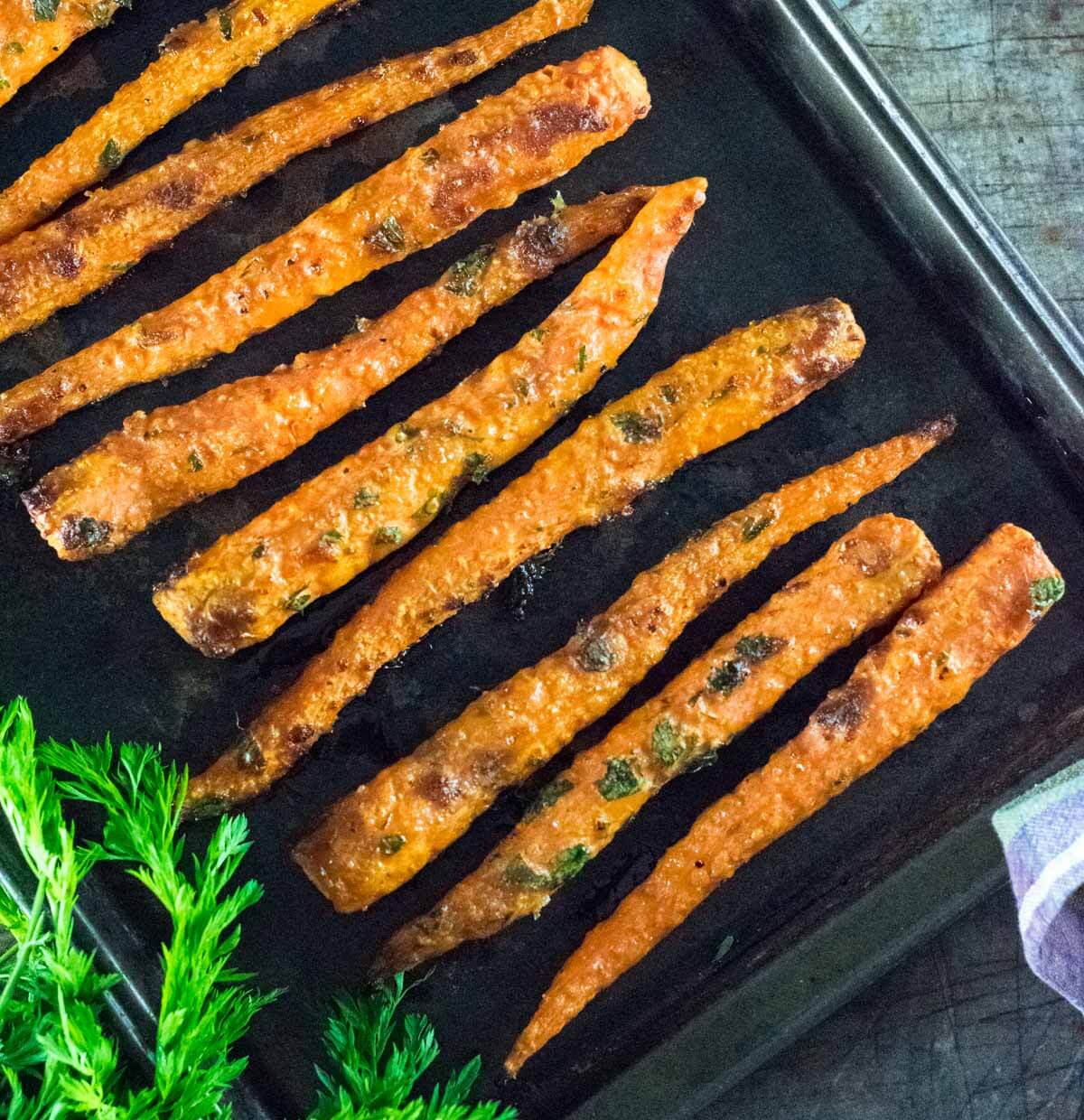 Oven roasted carrots viewed close up from above.