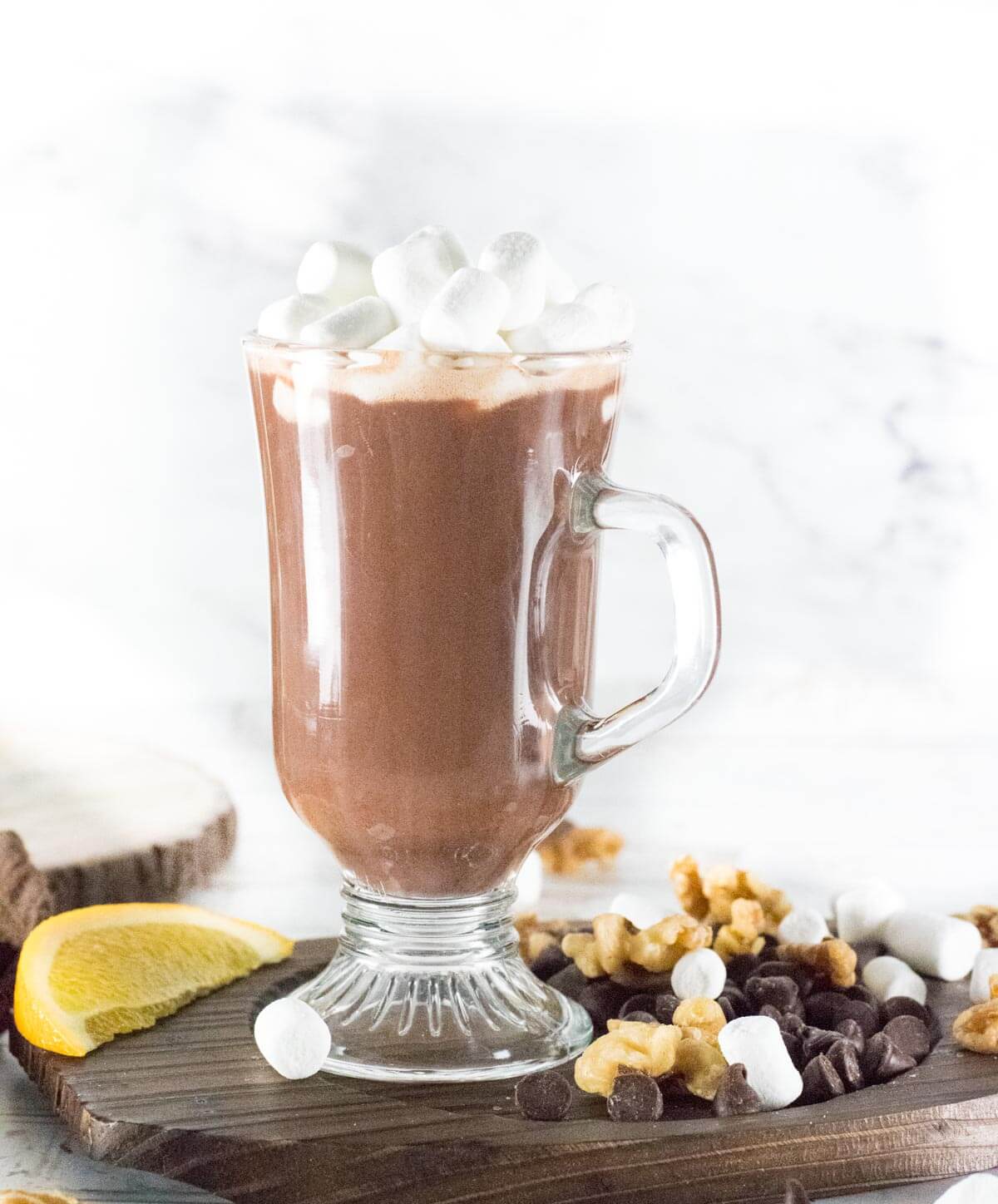Creamy Hot Chocolate in mug with marshmallows.