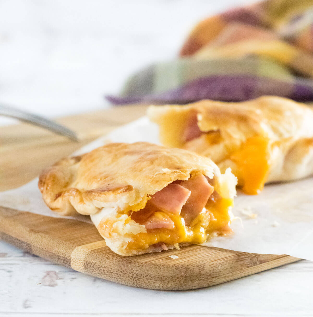 Ham and Cheddar Hot Pocket cut open.