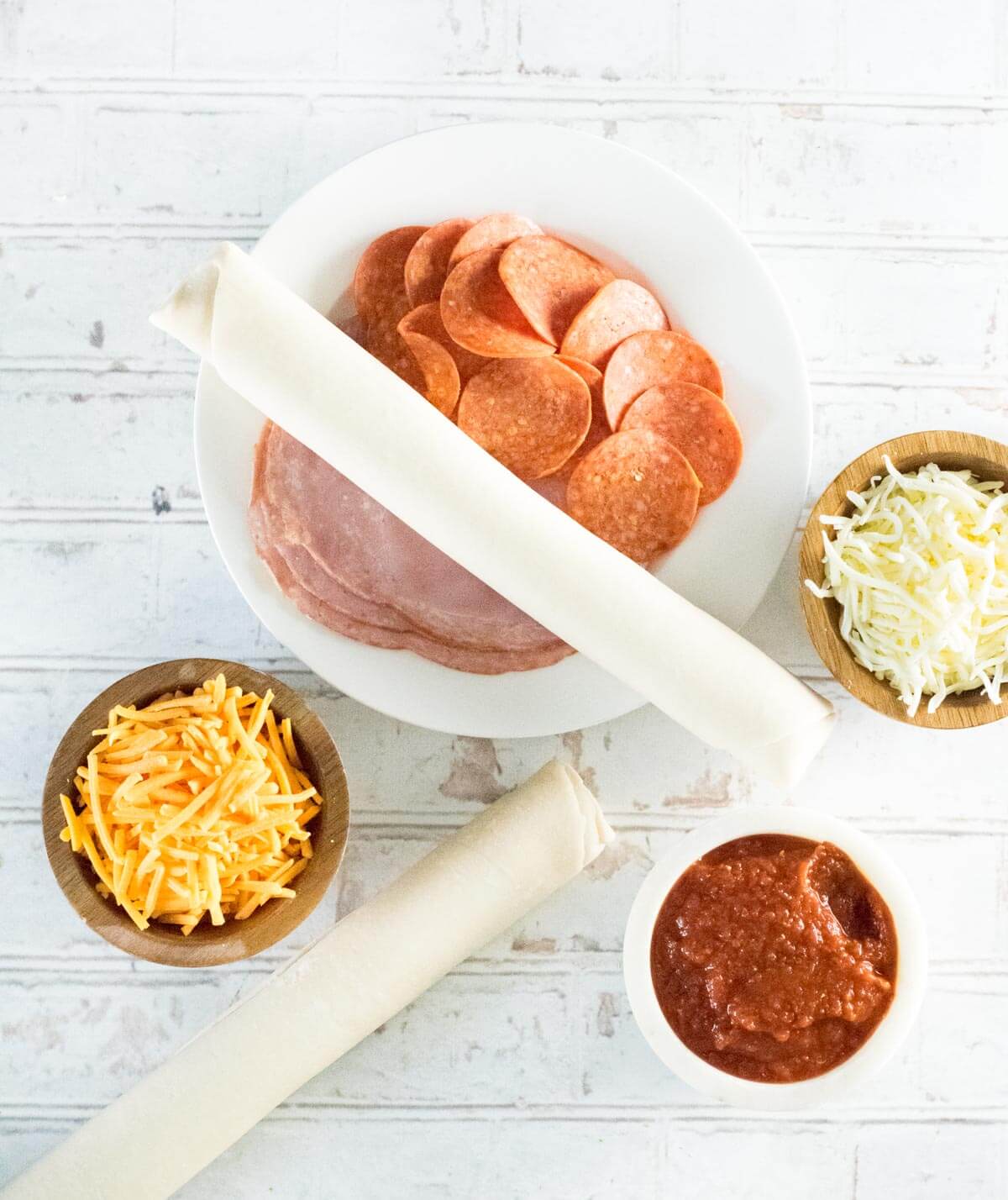 Showing homemade hot pockets ingredients viewed from above.