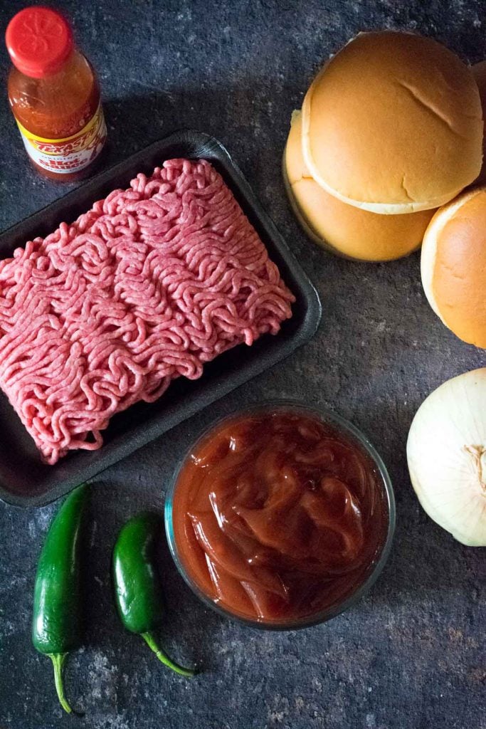 Ingredients for a diablo sandwich shown from above.