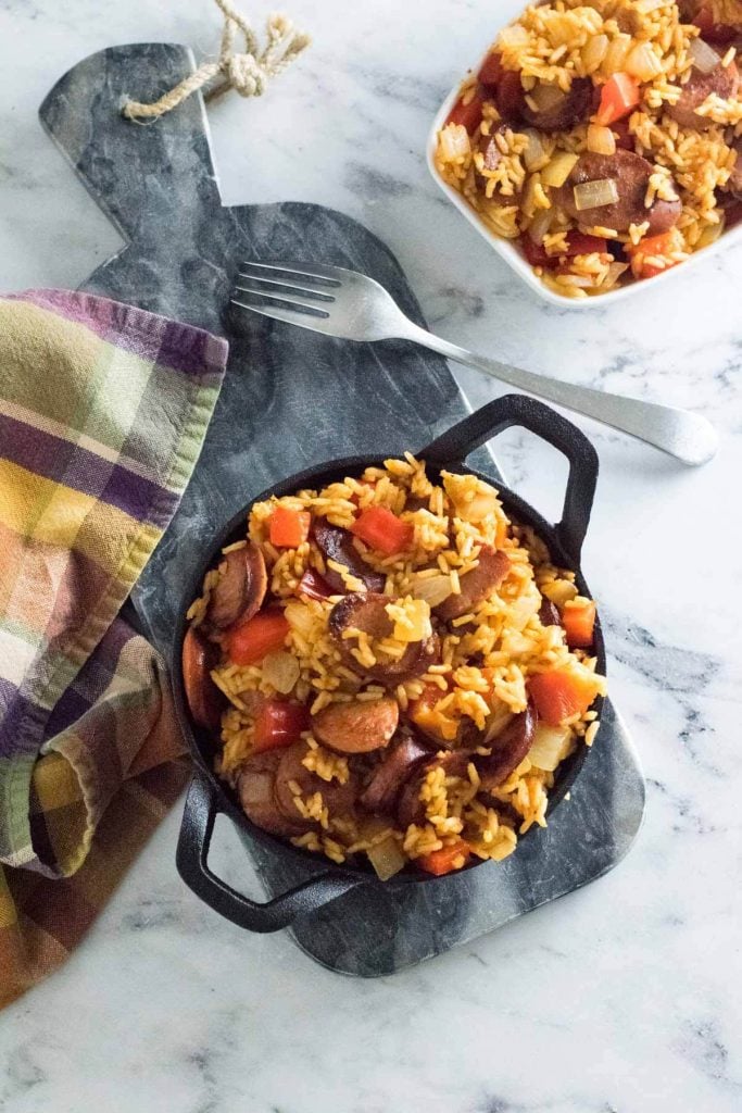 Kielbasa and rice meal shown from above. 