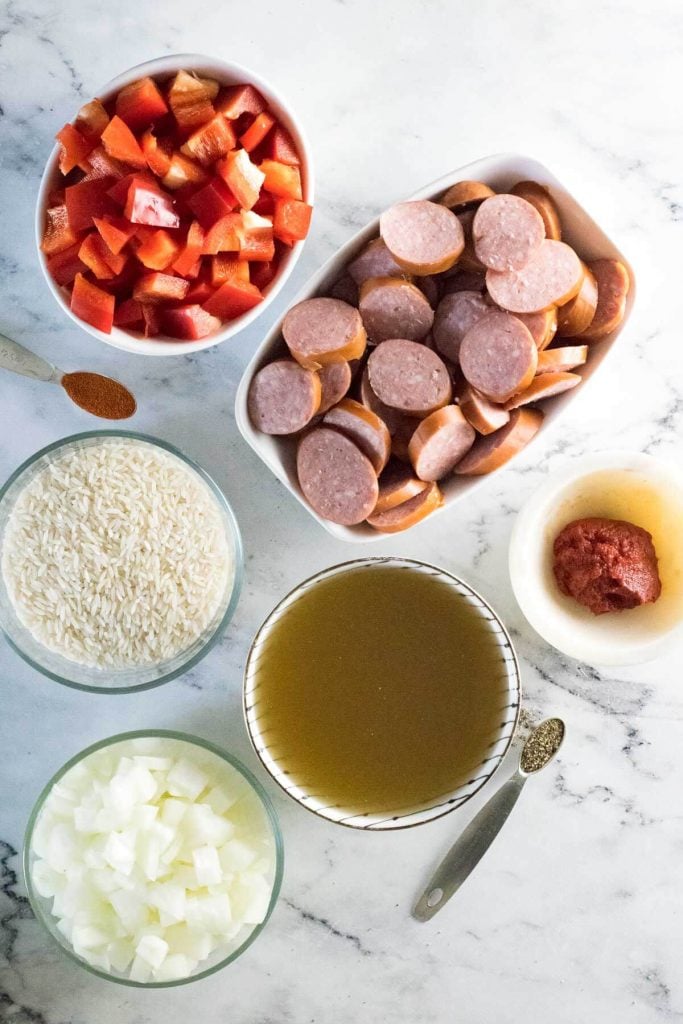 Prepped ingredients for making Kielbasa and rice.