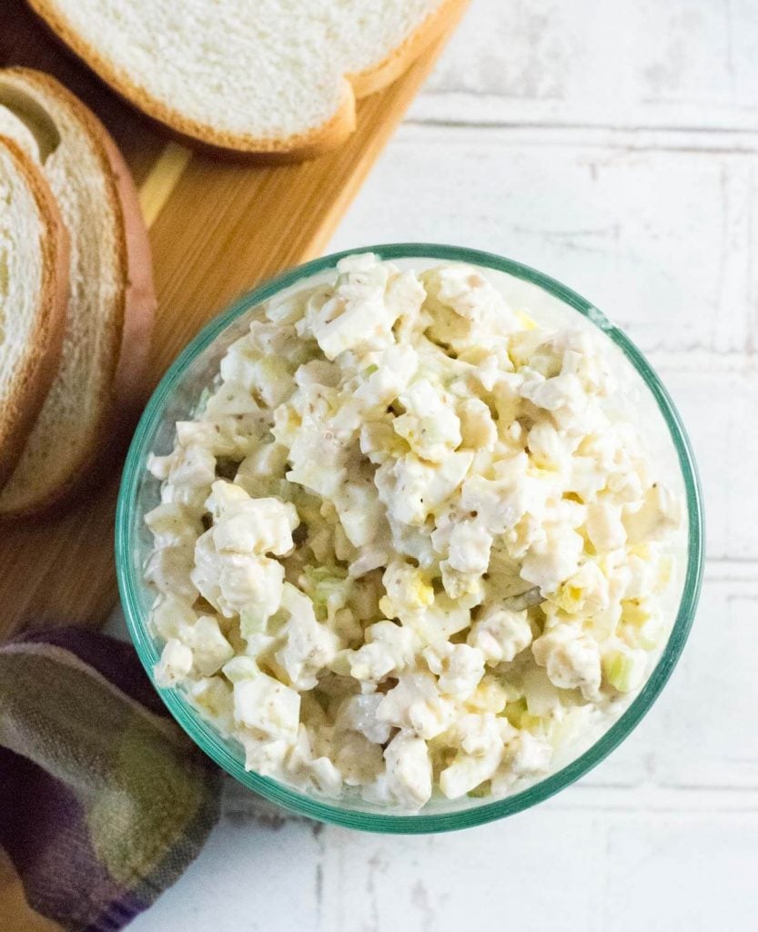 Chicken sandwich spread in bowl.