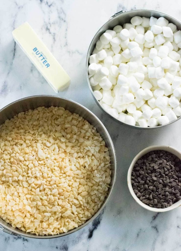 Showing ingredients for chocolate chip Rice Krispie treats.