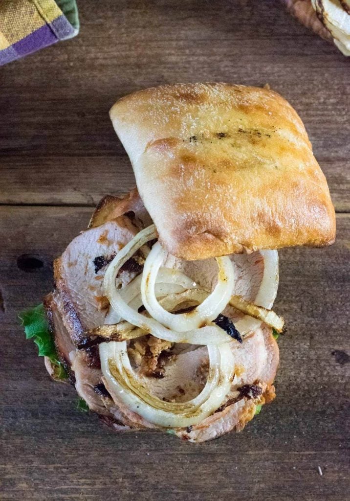 Grilled pork loin sandwich toppings.