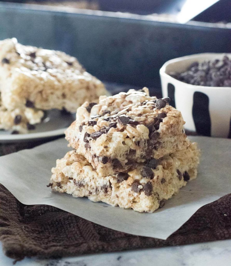 Rice Krispie Treats with Chocolate Chips stacked on each other.