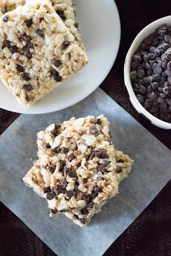 Rice Krispie Treats with Chocolate Chips shown from overhead.