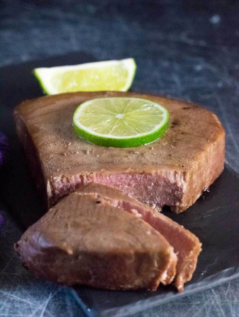 Smoked tuna steak cut open.