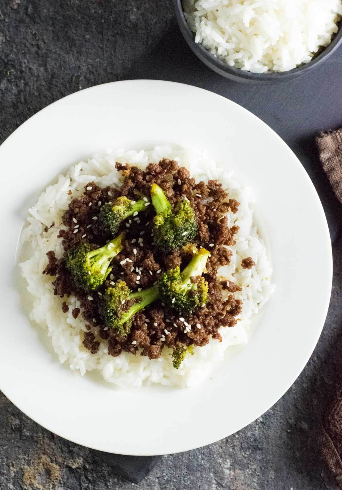 Ground beef and broccoli stir fry shown from above.