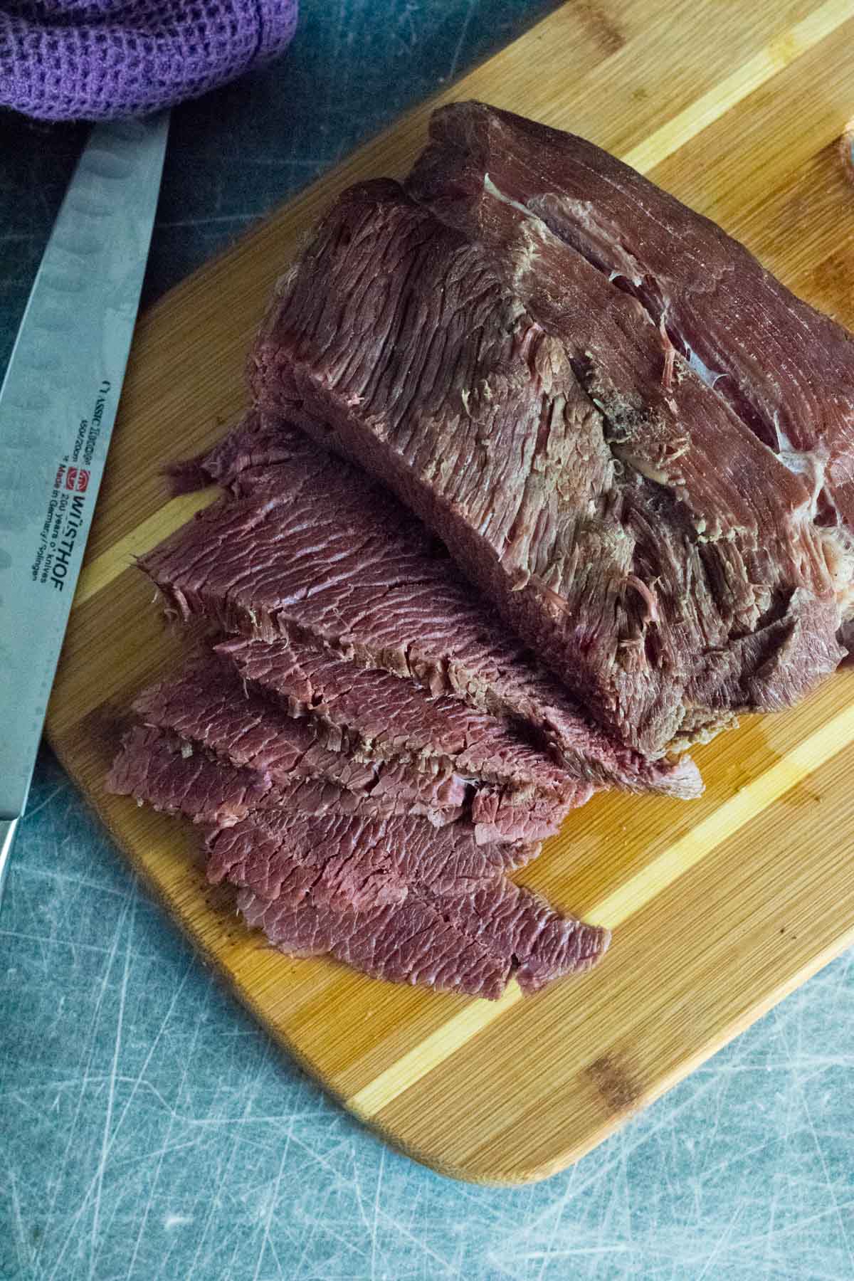 Boiled corned venison, sliced thin.