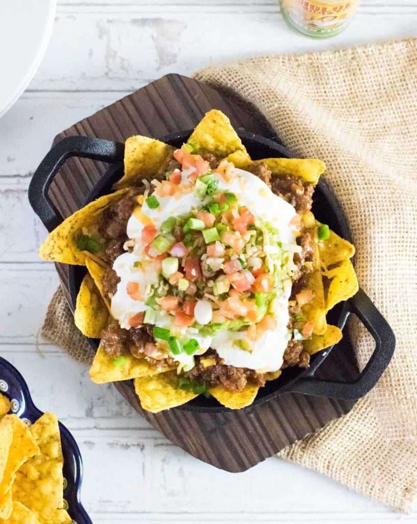 Cool Ranch Doritos nachos shown from above.