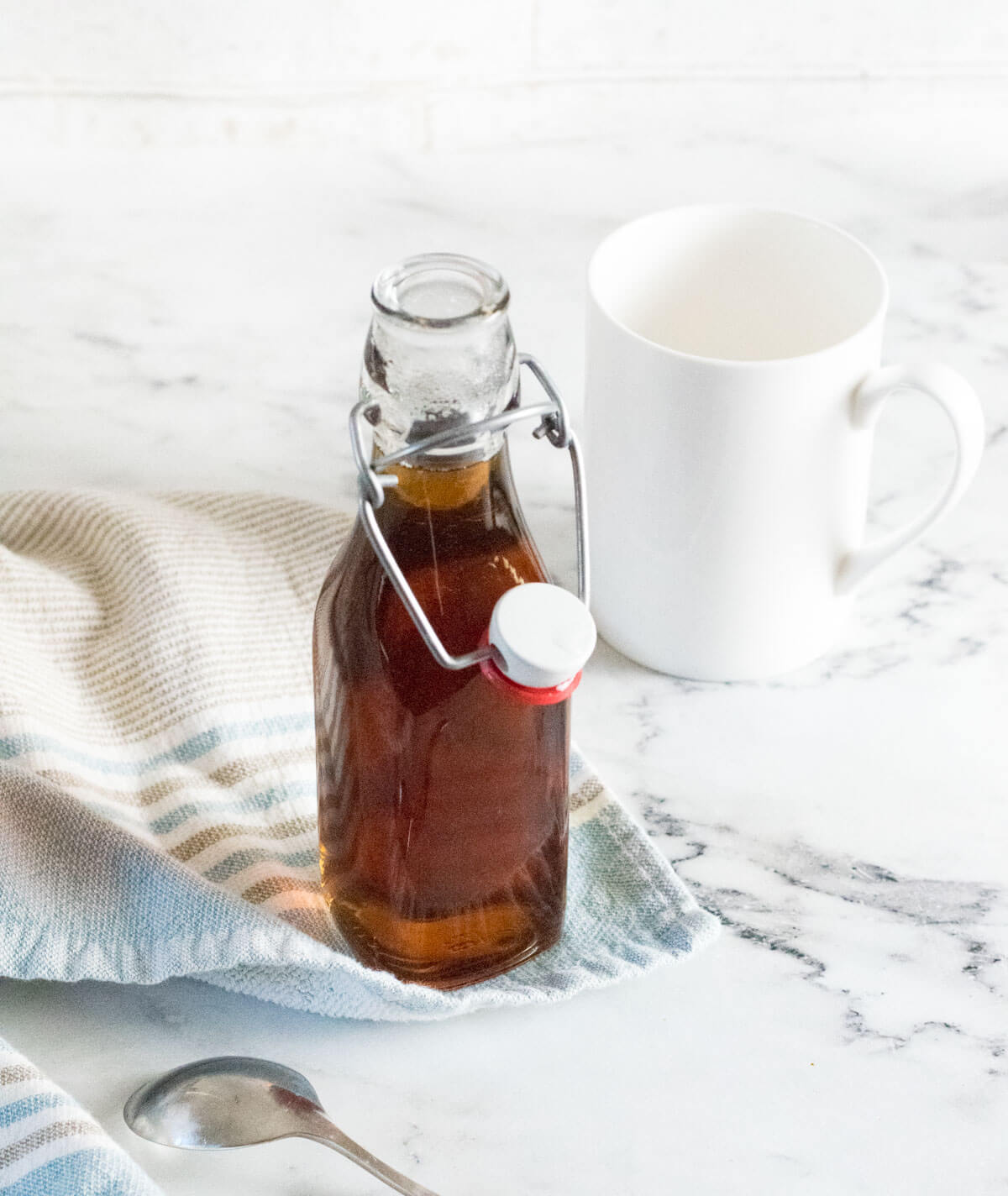 Vanilla syrup in a glass bottle.