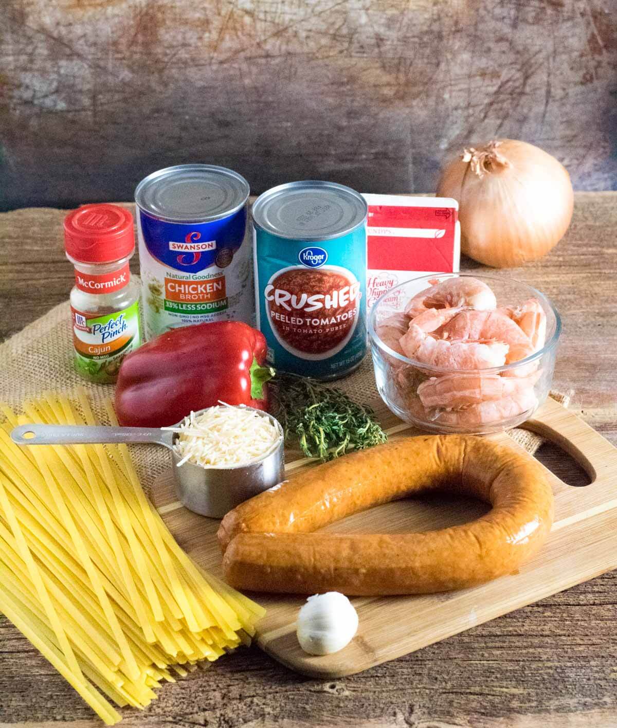 Showing ingredients for Cajun shrimp and sausage pasta.