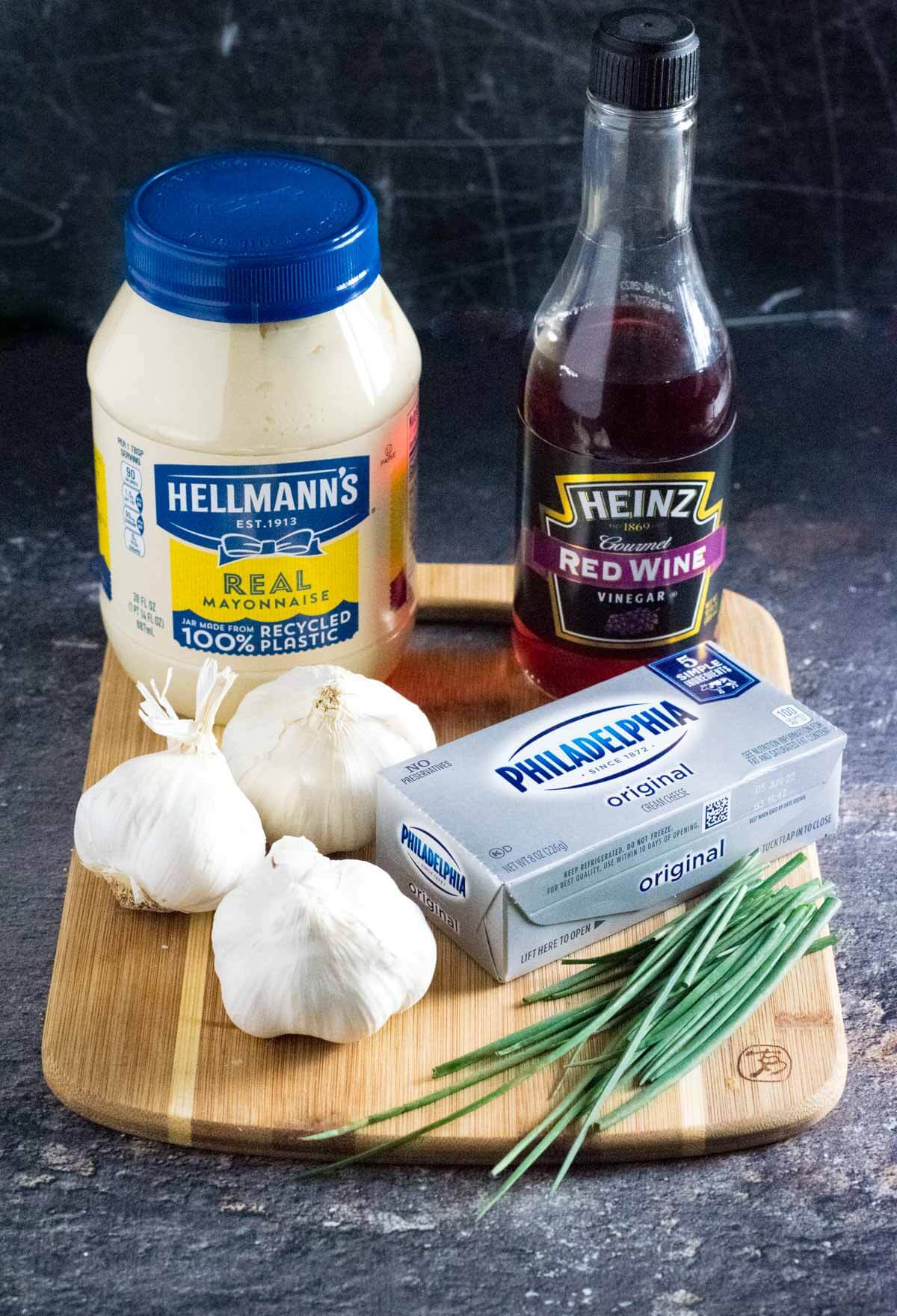Showing ingredients needed to make roasted garlic dip.