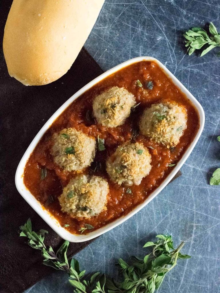 Panko meatballs in pasta sauce.