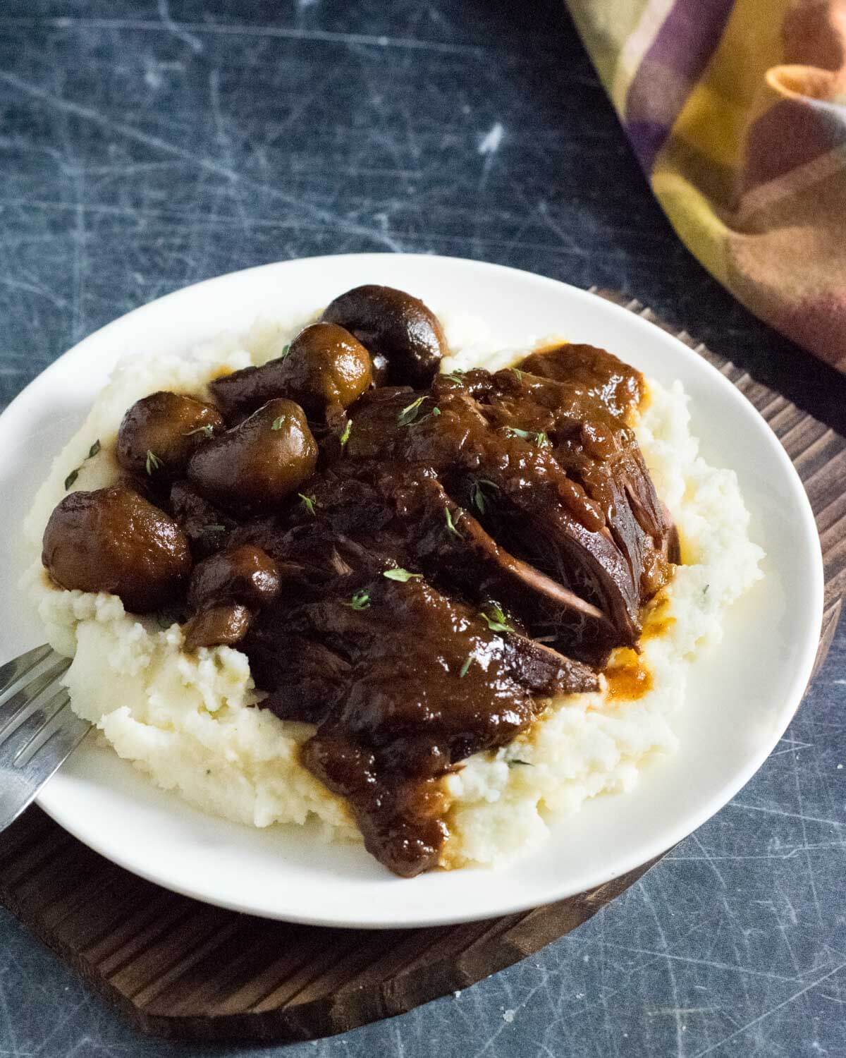 Venison pot roast with mushrooms.