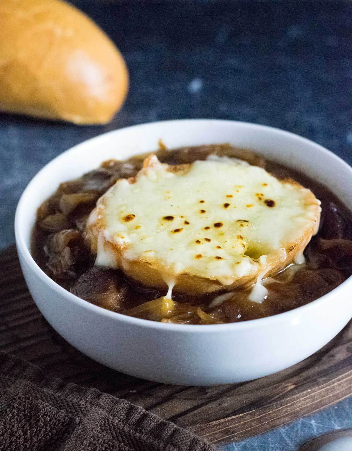 French onion soup with beef and cheesy toast.