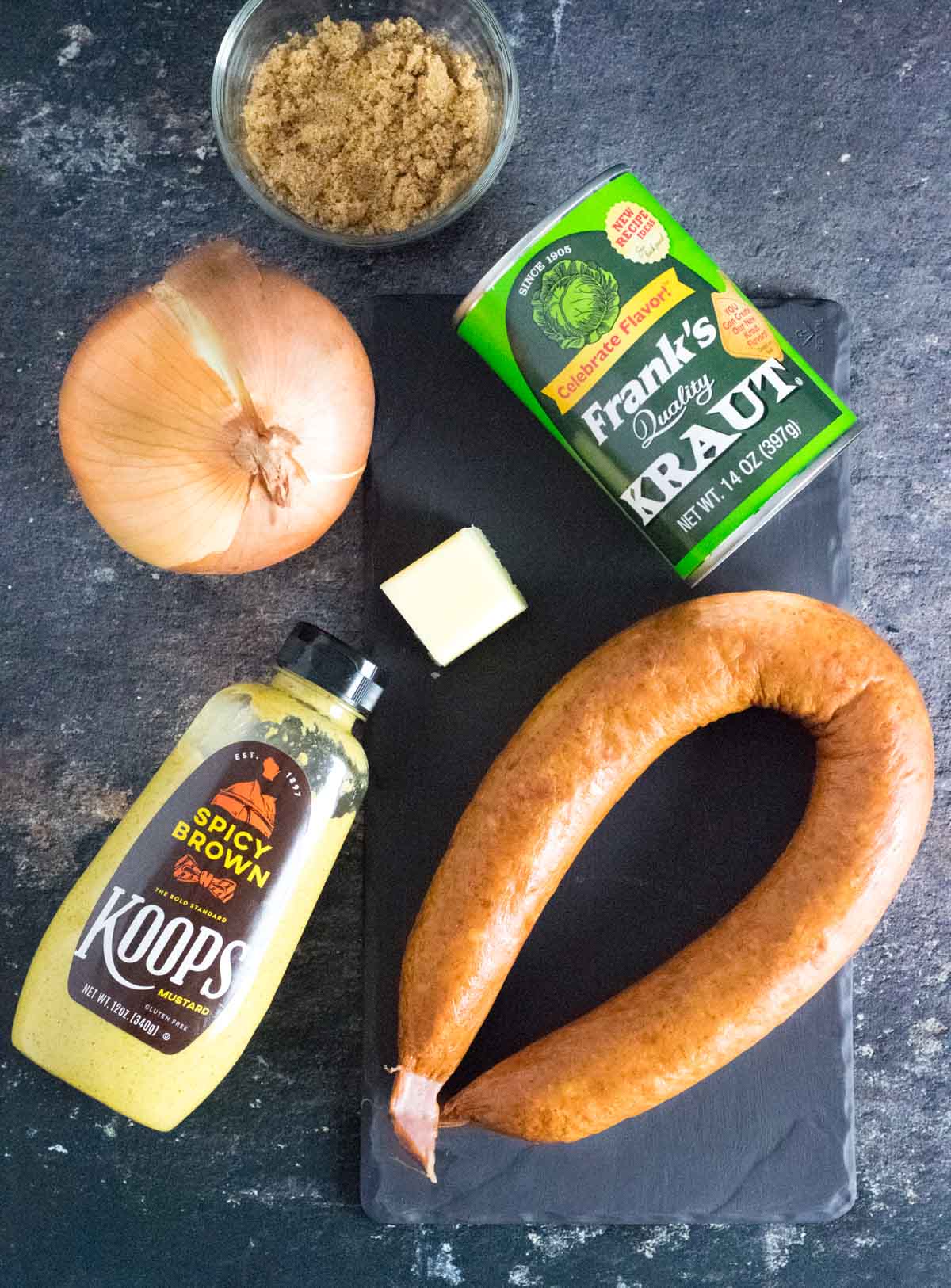 Ingredients needed for kielbasa and sauerkraut recipe.