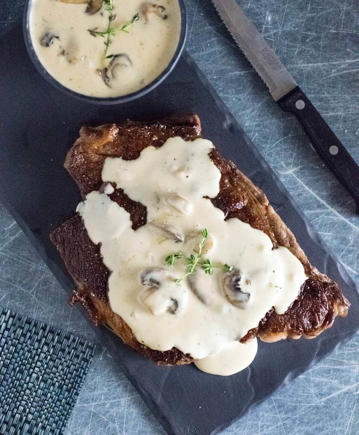 Steak gravy on ribeye steak.