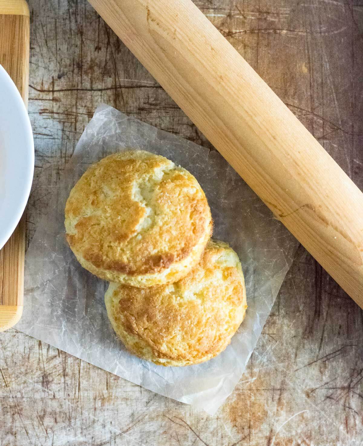 Making biscuits with pancake mix.