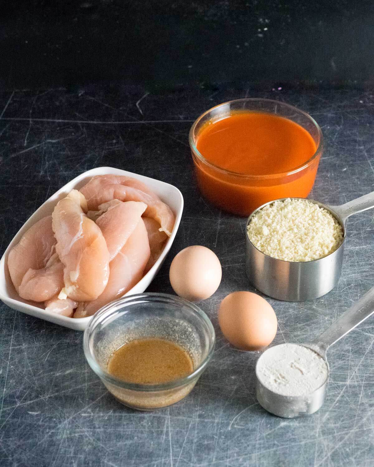 Showing ingredients for baked buffalo chicken tenders.